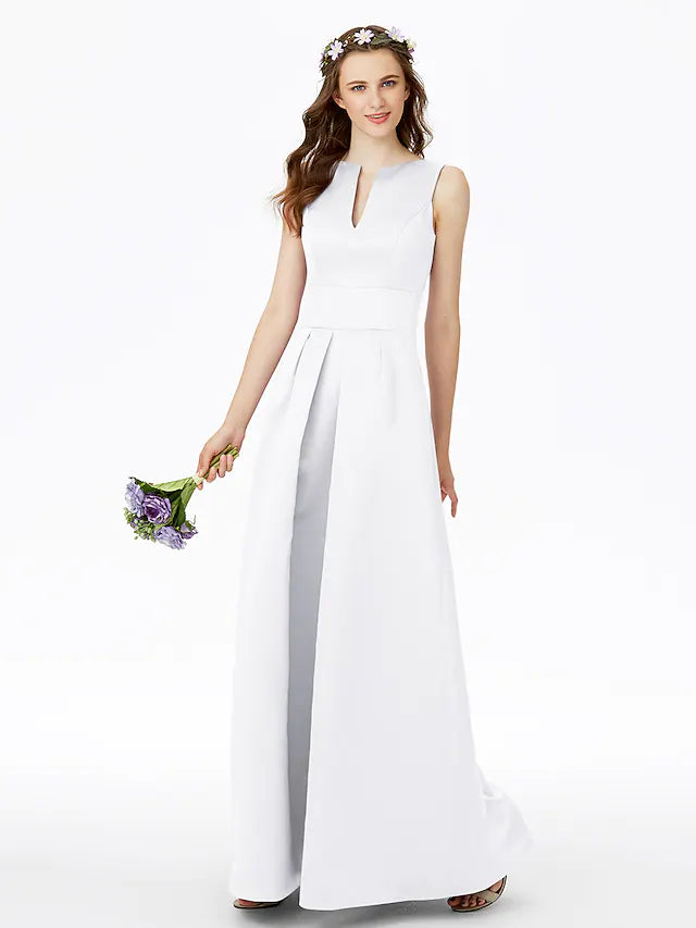 Close-up of the notched neckline and sleeveless design of the satin bridesmaid dress.