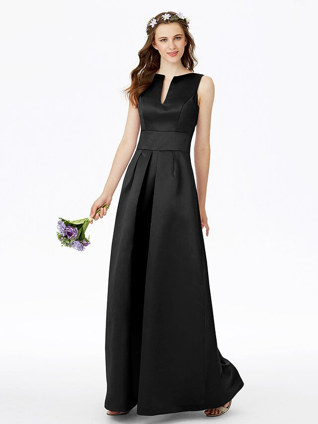 Full length view of the A-Line satin bridesmaid dress with pleats.