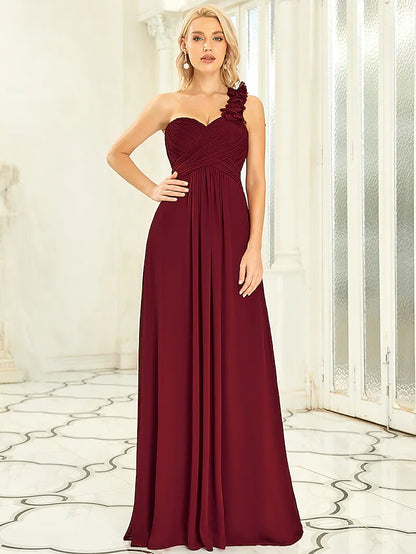 Elegant A-Line off-shoulder chiffon prom dress with pleats and draping, front view.
