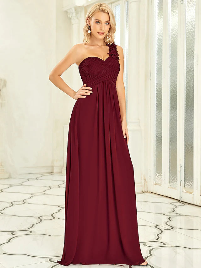 Side view of the floor-length A-Line chiffon dress, highlighting the draping details.