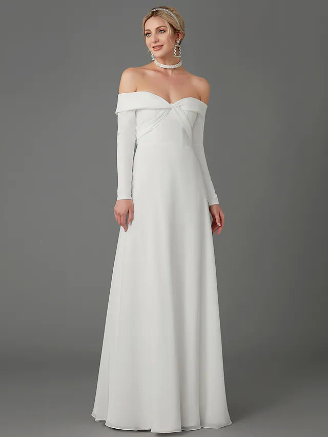 Back view of an A-Line off-shoulder long sleeve chiffon wedding dress, highlighting the criss-cross detail.