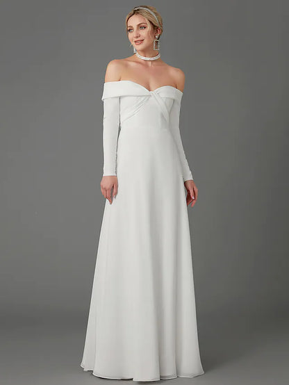 Back view of an A-Line off-shoulder long sleeve chiffon wedding dress, highlighting the criss-cross detail.