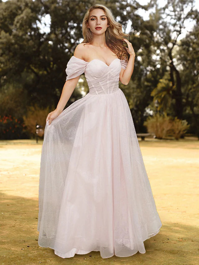Elegant A-Line off-shoulder prom dress with pleated tulle skirt.