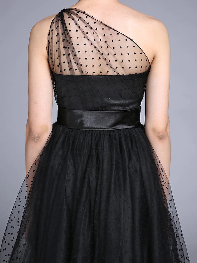 Back view of a model wearing a black one-shoulder A-line tulle dress with pleated details.