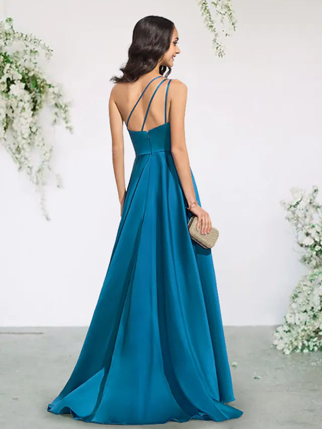 A-line one-shoulder bridesmaid dress with pleats, split front, and brush train from a different angle.