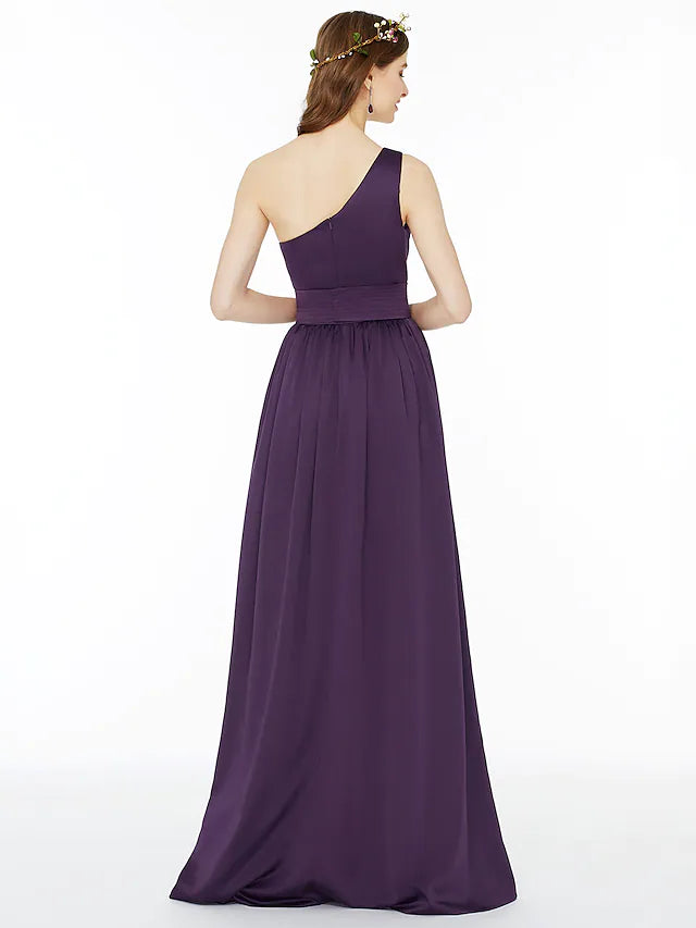 Side view of a model wearing a one-shoulder A-line chiffon bridesmaid dress.