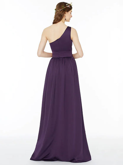 Side view of a model wearing a one-shoulder A-line chiffon bridesmaid dress.