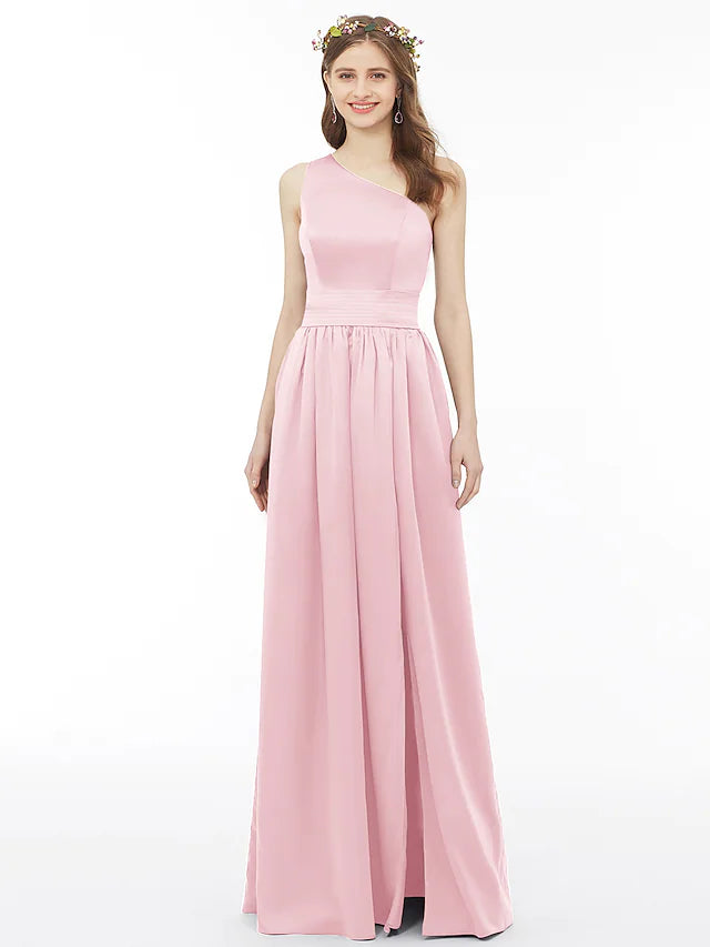 Back view of a one-shoulder A-line chiffon bridesmaid dress with pleats.
