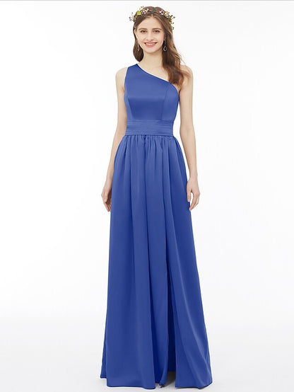 Full length view of the A-line chiffon dress, showing the split front.