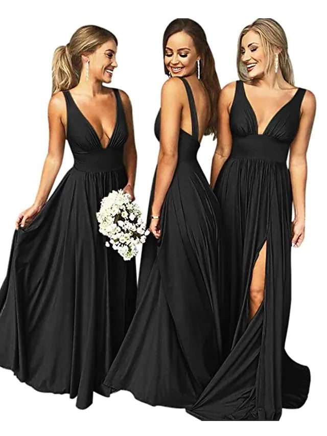 Side view of a woman in a light blue A-line plunging neck chiffon bridesmaid dress, showing the flowing skirt.