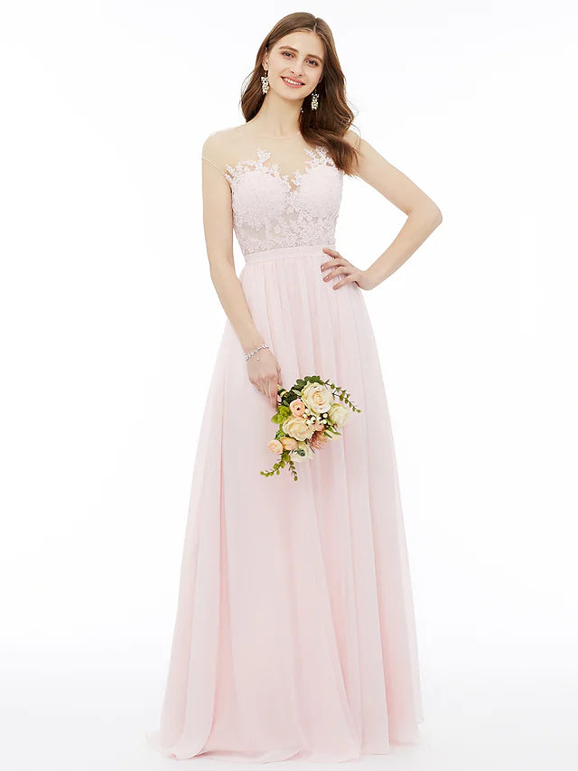 Model wearing an elegant A-line sleeveless chiffon bridesmaid dress.
