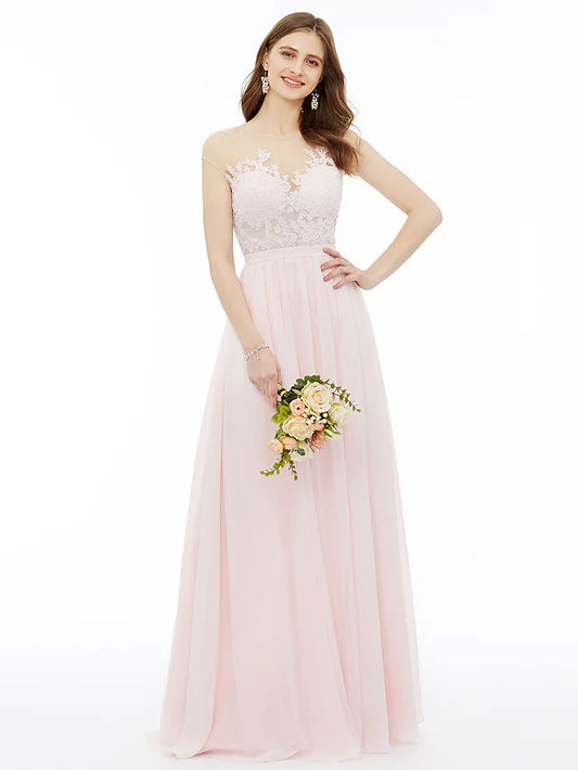 Model wearing an elegant A-line sleeveless chiffon bridesmaid dress.
