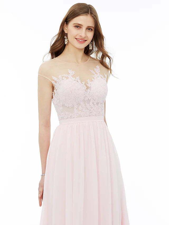 Back view of the A-line sleeveless chiffon bridesmaid dress with lace details.