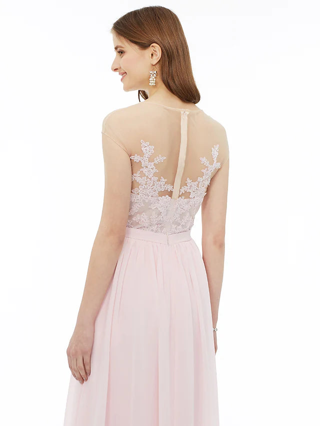 Side view of a floor-length A-line bridesmaid dress in flowing chiffon.