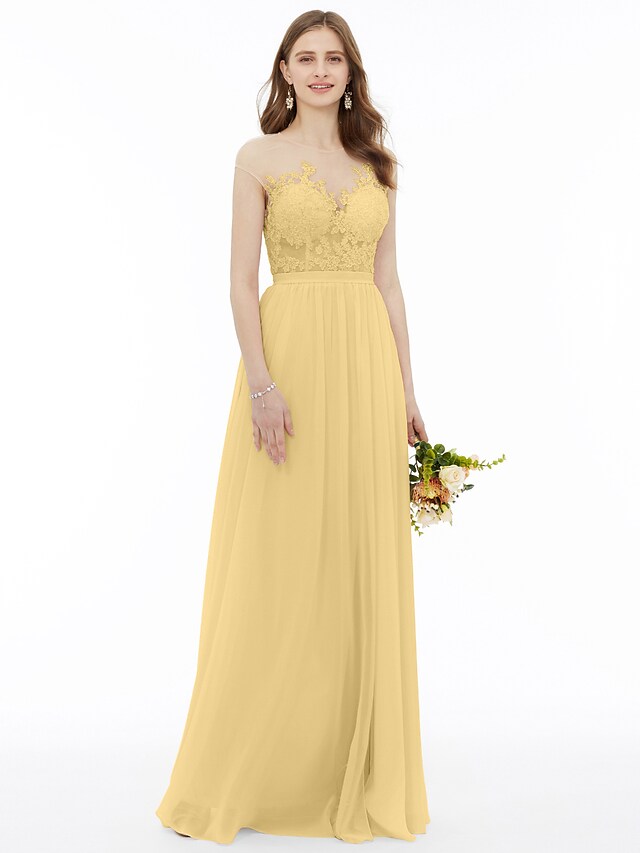 Full length view of the A-line sleeveless bridesmaid dress.