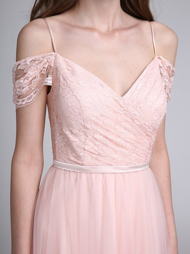 Back view of A-Line bridesmaid dress with open back and lace details.