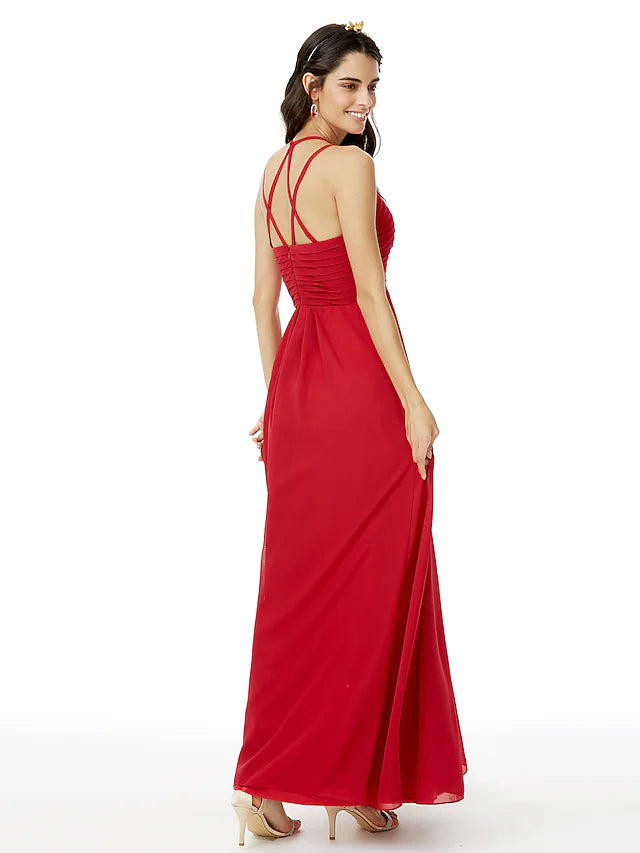 Back view of a model in a sleeveless ankle-length chiffon dress.