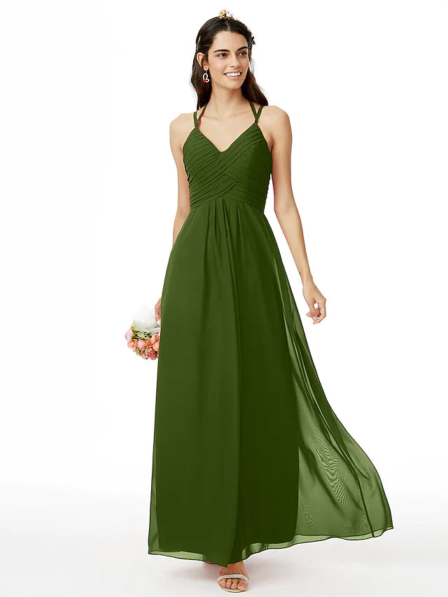 Full length view of the chiffon dress with an ankle-length hem.