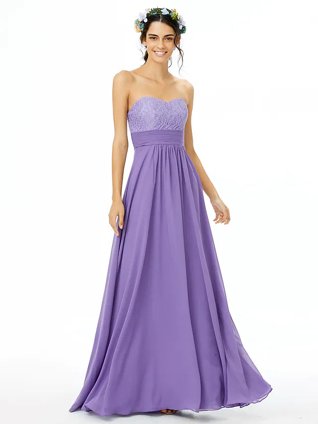 A-Line bridesmaid dress with sweetheart neckline and open back.