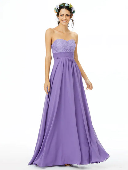 A-Line bridesmaid dress with sweetheart neckline and open back.