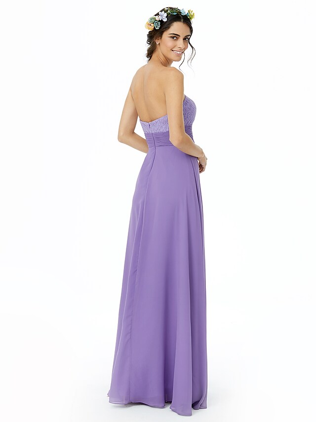 Sleeveless chiffon bridesmaid dress with delicate lace details.
