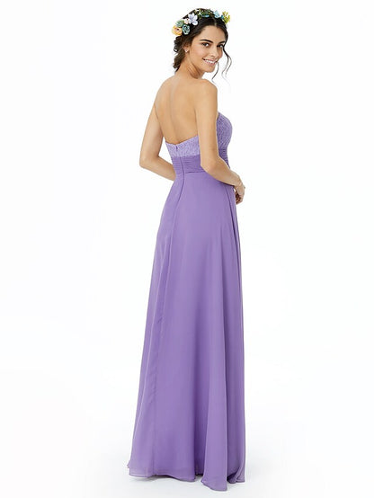 Sleeveless chiffon bridesmaid dress with delicate lace details.