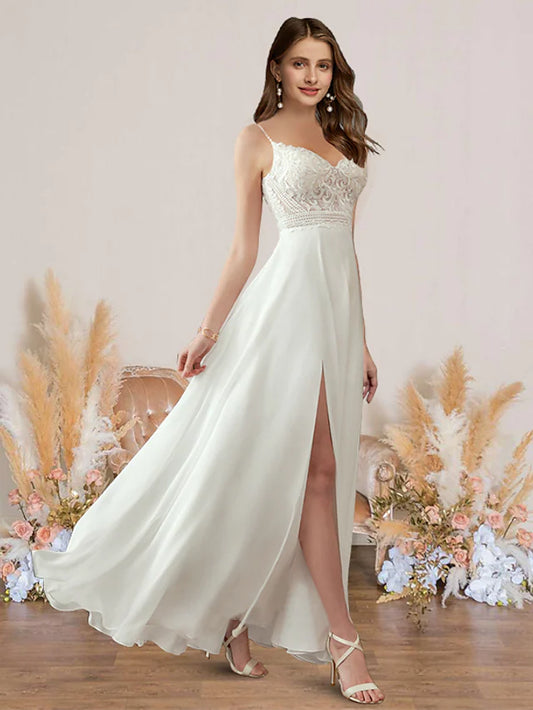 Elegant A-line V-neck chiffon beach wedding dress with pleats and appliques, front view.