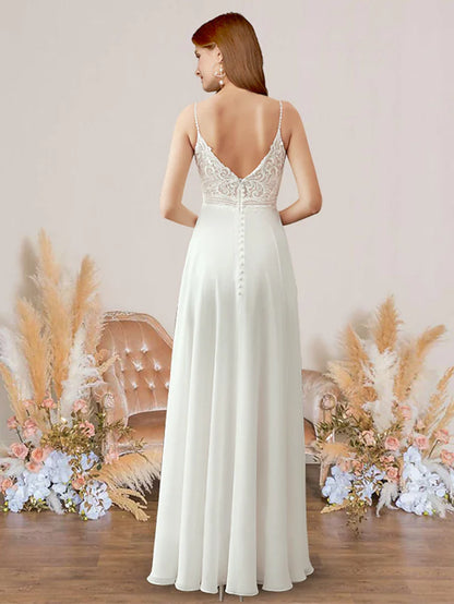 A-line V-neck chiffon beach wedding dress with spaghetti straps, side view.