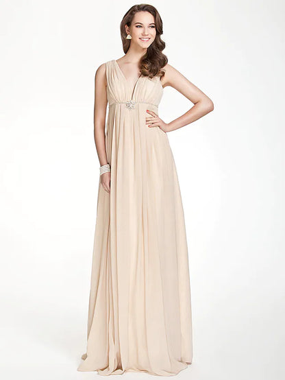 Model wearing an elegant A-line V-neck chiffon bridesmaid dress with pleats and beading.