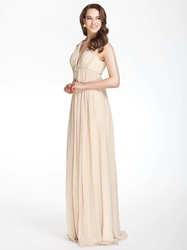 Close-up of the V-neckline and bodice details on the chiffon bridesmaid dress.