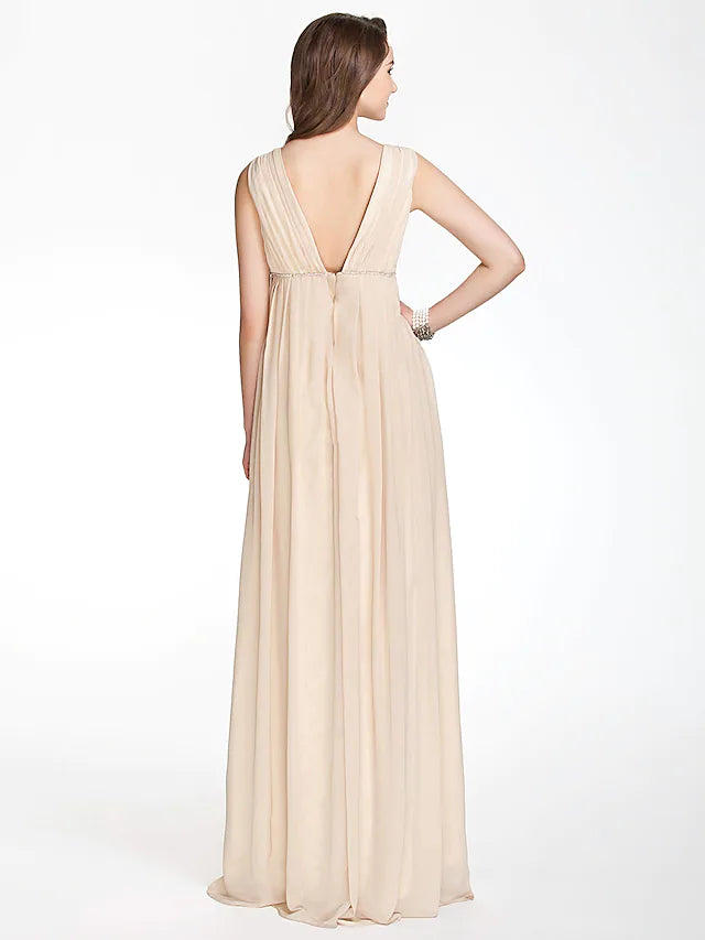 Back view of the floor-length A-line bridesmaid dress, showcasing draping.