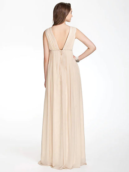 Back view of the floor-length A-line bridesmaid dress, showcasing draping.