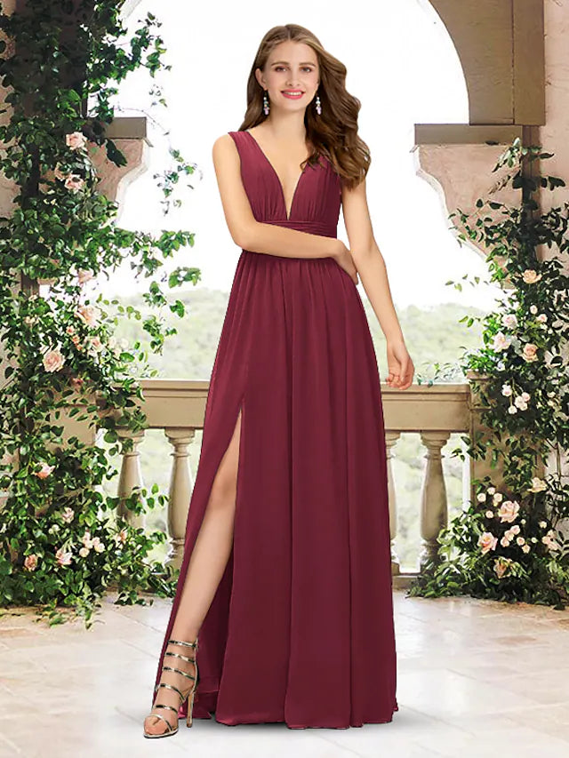 Elegant A-line V-neck chiffon bridesmaid dress.