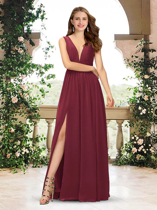 Elegant A-line V-neck chiffon bridesmaid dress.