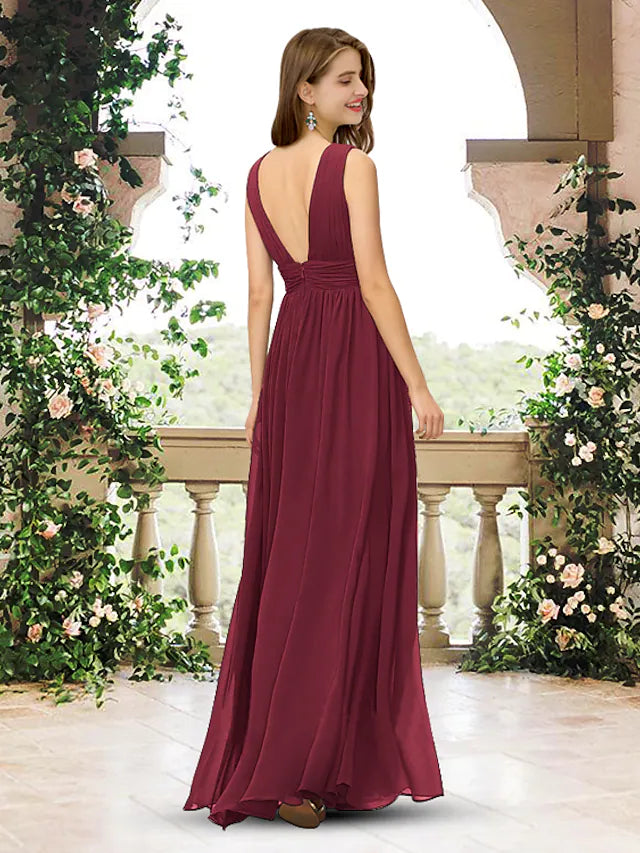 A-line bridesmaid dress with V-neck and split front.