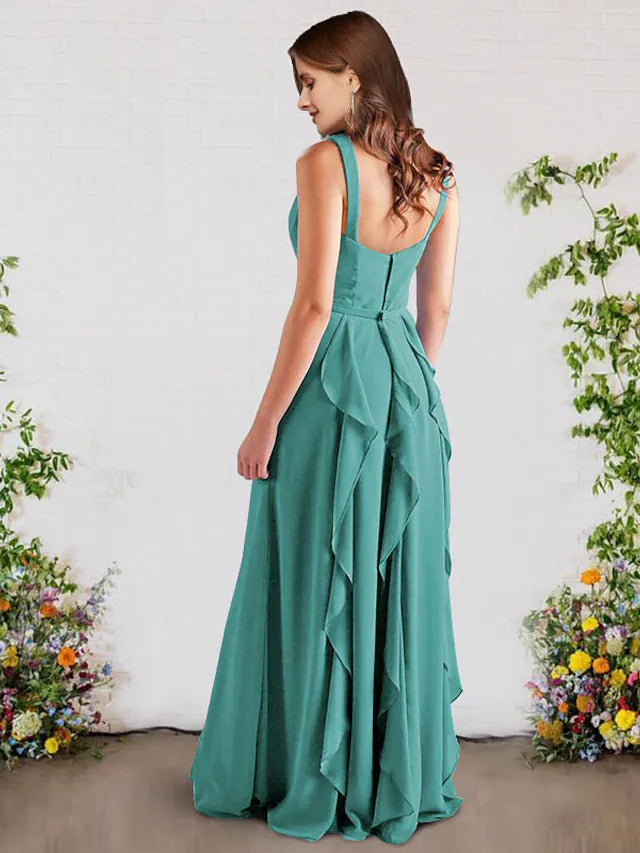 Back view of an A-Line V-Neck sleeveless chiffon bridesmaid dress with ruffles.