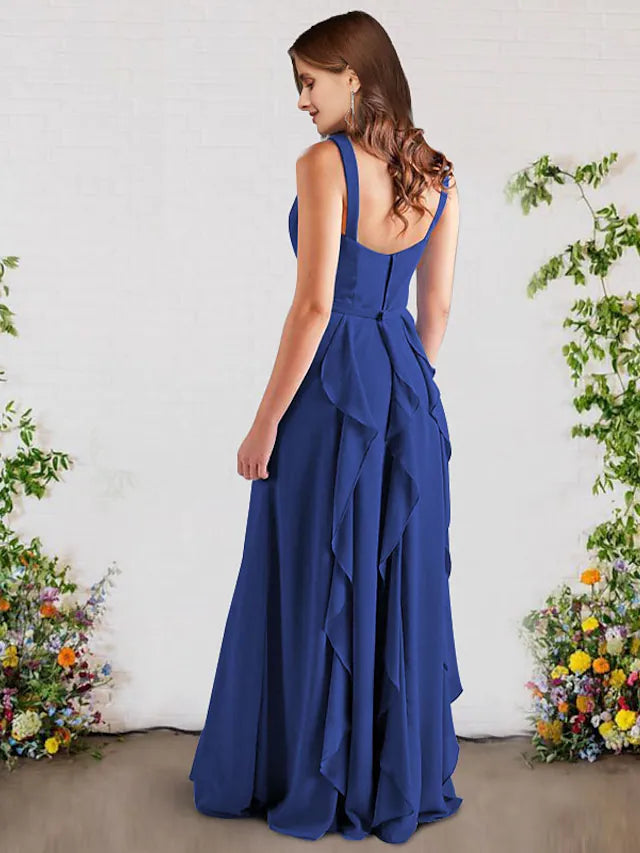Elegant A-Line V-Neck chiffon bridesmaid dress with flowing ruffles.