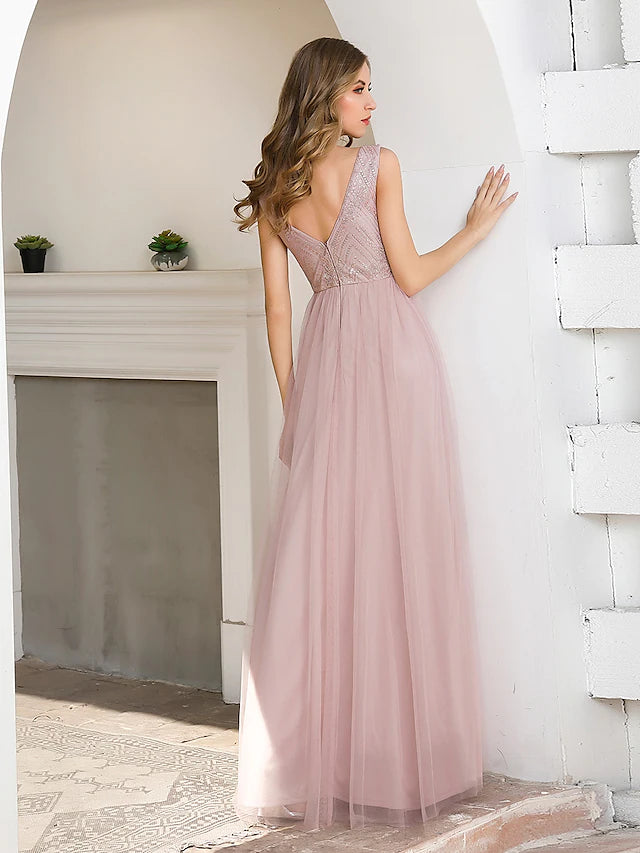Close-up of the elegant A-line V-neck satin evening gown, highlighting the fabric and sequin sash.