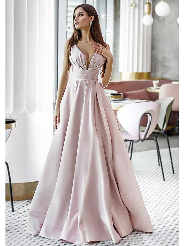 Model wearing an elegant A-line V-neck satin formal evening gown.