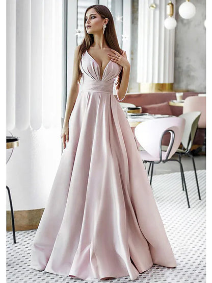 Model wearing an elegant A-line V-neck satin formal evening gown.
