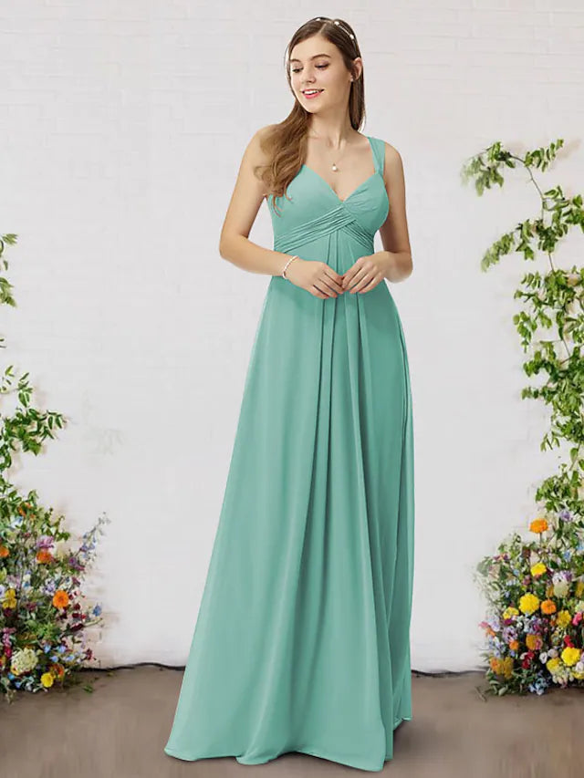 Elegant blue A-line V-neck sleeveless chiffon bridesmaid dress with pleats.