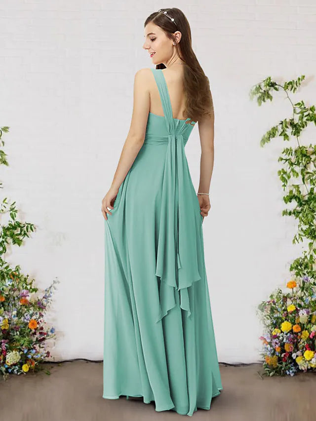Back view of a blue A-line V-neck sleeveless chiffon bridesmaid dress.