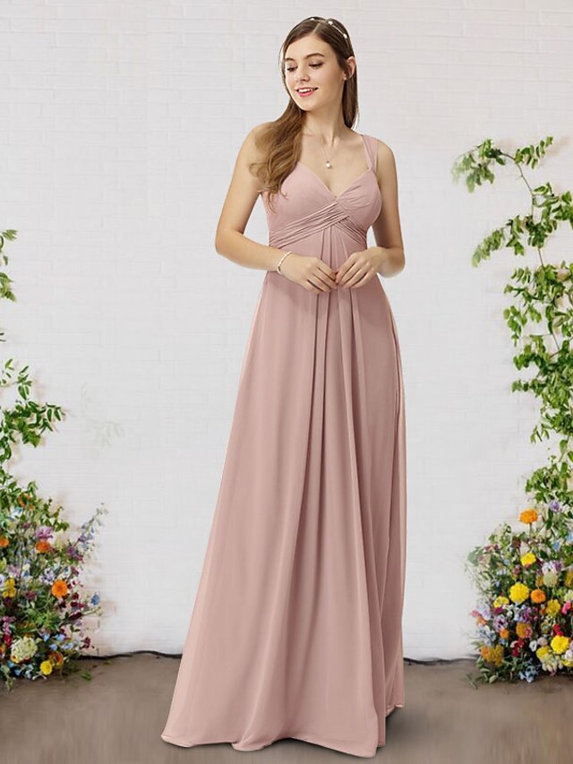 Side view of a blue A-line V-neck sleeveless chiffon bridesmaid dress.