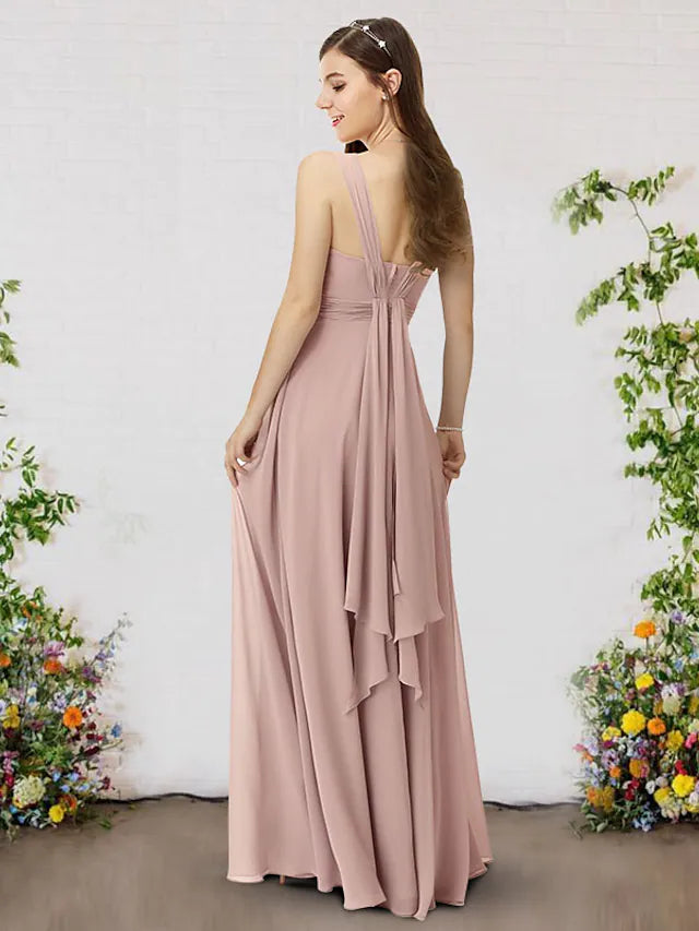 Close-up of the pleated detail on a blue chiffon bridesmaid dress.