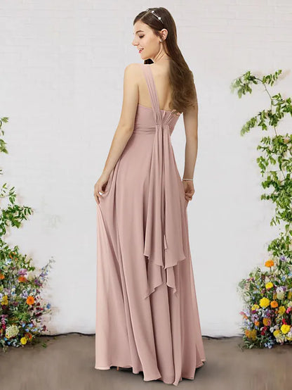 Close-up of the pleated detail on a blue chiffon bridesmaid dress.