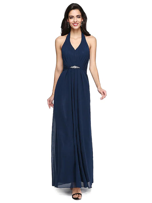 Model wearing an elegant A-line V-neck sleeveless chiffon bridesmaid dress in green.