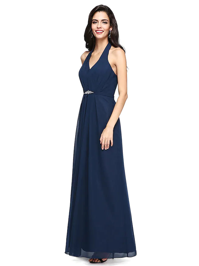 Model wearing a floor-length A-line V-neck pleated chiffon bridesmaid dress in blue.
