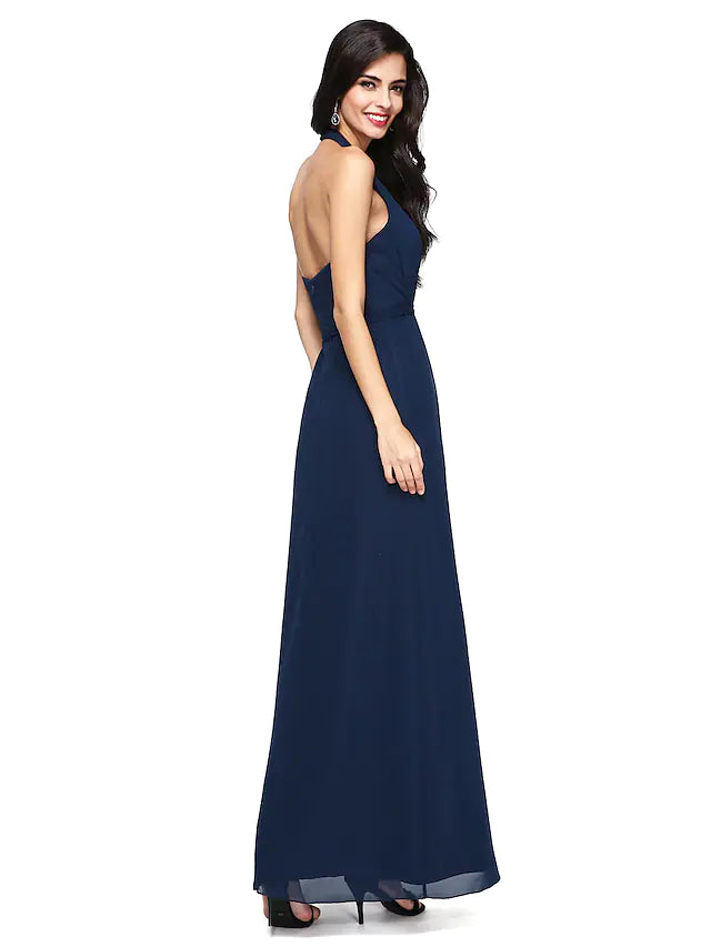 Model wearing a sleeveless V-neck A-line chiffon bridesmaid gown in pink.