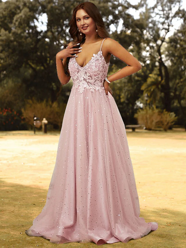 Elegant A-line V-neck tulle prom dress with appliques.