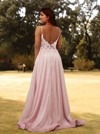 Back view of the A-line V-neck tulle dress with appliques.